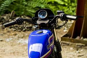 Harley-Davidson 883 Iron — Vista dal posto di guida sopra il serbatoio: strumento singolo, manubrio dritto, steli oro.