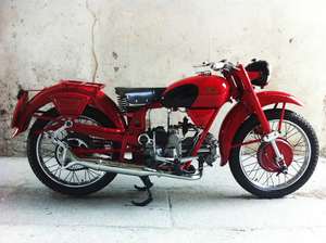 Moto Guzzi Airone 250 — Fiancata destra completa contro un muro chiaro, moto sul cavalletto.